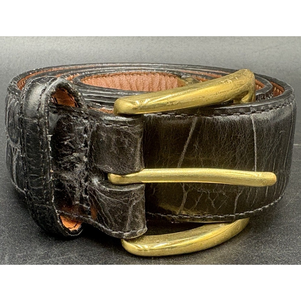 LANDS' END Leather Belt Croc Unisex Size 34 Black Brass Buckle #506 USA MADE GUC